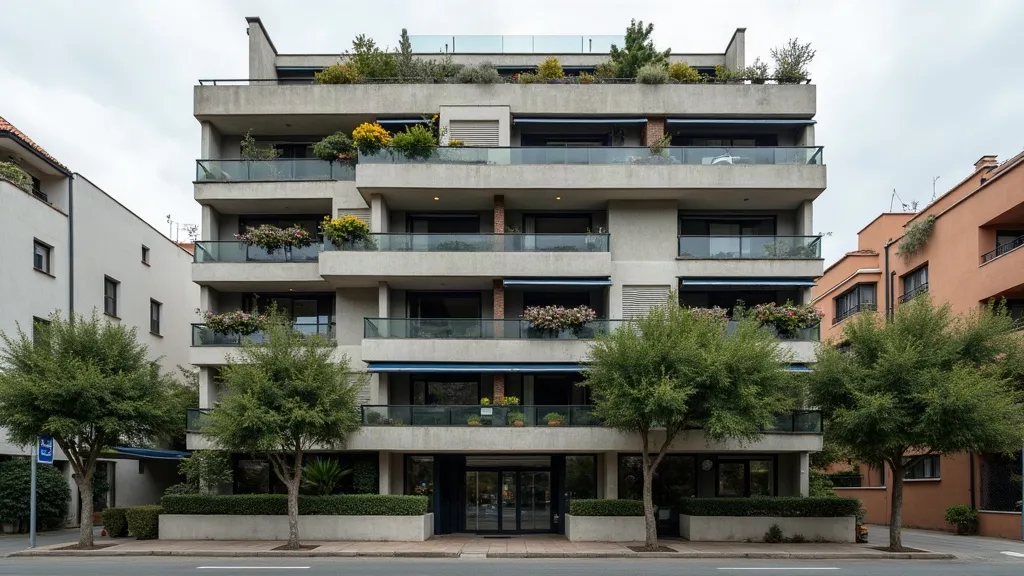 Fachada de un edificio residencial bien conservado, con balcones y naranjos en la acera