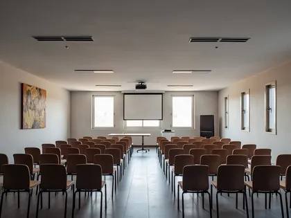 Sala preparada para una junta de vecinos, con sillas frente a una mesa