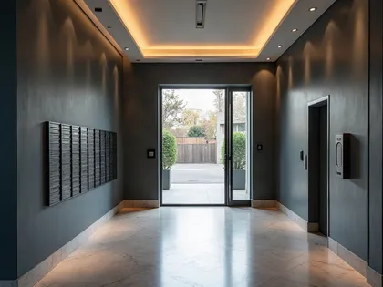 Portal de un edificio residencial con buzones y la puerta del ascensor al fondo